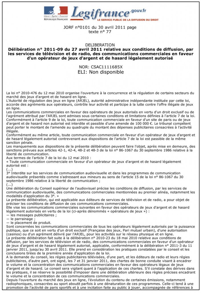 Déliberation n 2011-09 du 27 avril 2011 - imagem