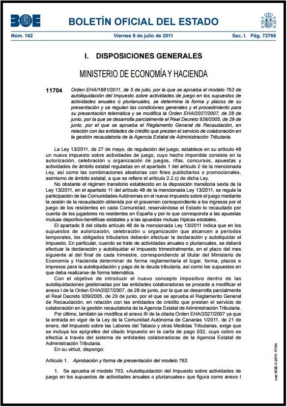 ESPANHA - Orden EHA-1881-2011, de 5 de julio