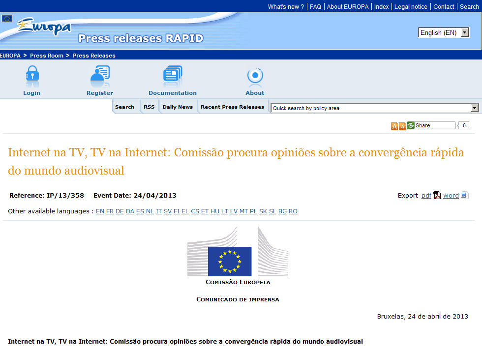 Internet na TV, TV na Internet - Comissão procura opiniões sobre a convergência rápida do mundo audiovisual