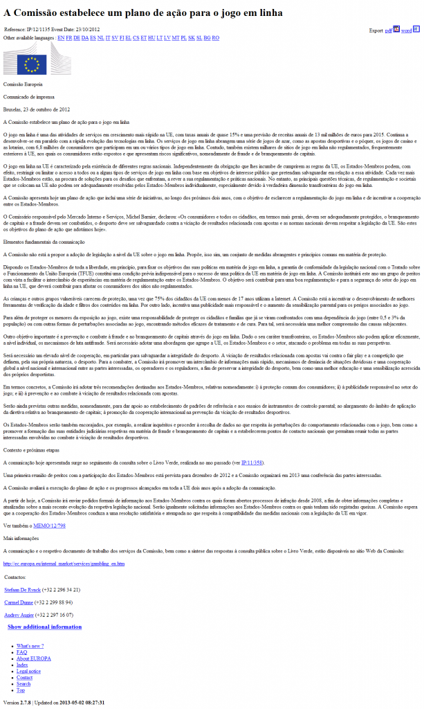 A Comissão estabelece um plano de ação para o jogo em linha