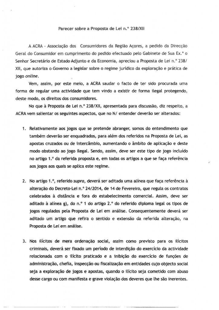 Parecer ACRA - Associação dos Consumidores da Região Açores