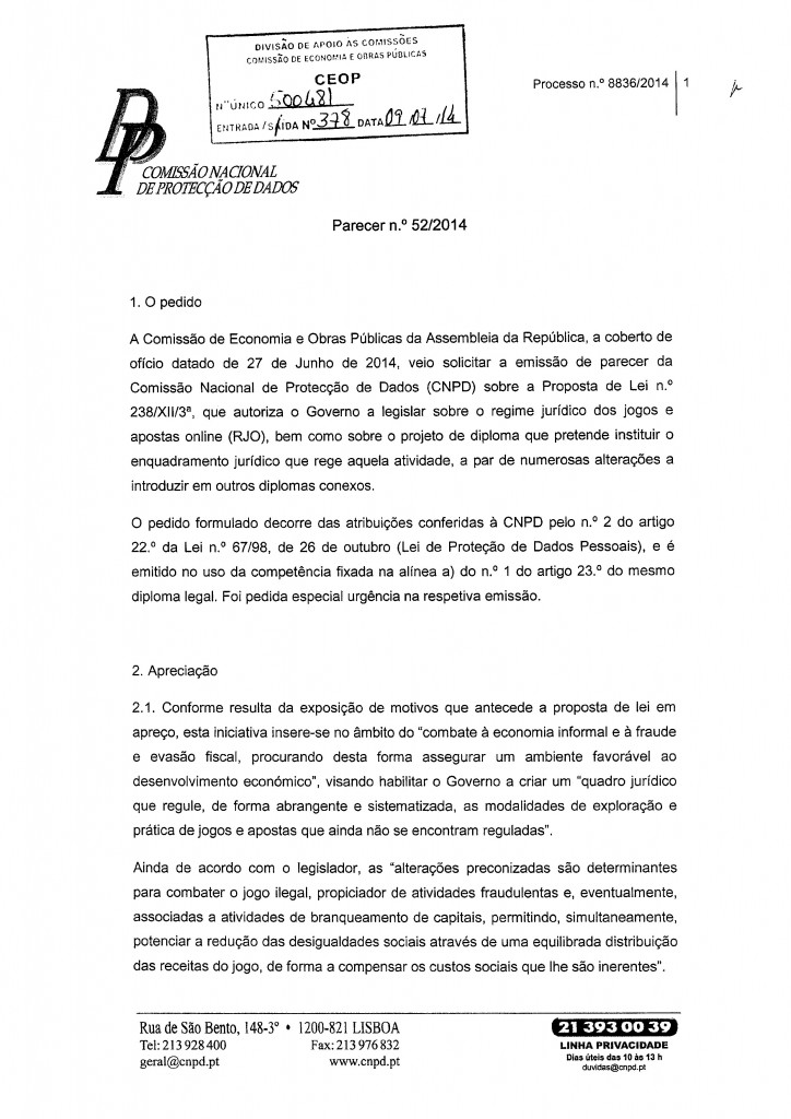 Parecer CNPD - Comissão Nacional de Protecção de Dados