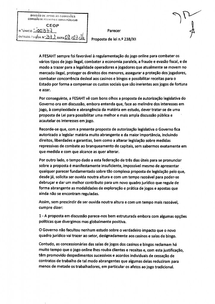 Parecer FESAHT - Federação dos Sindicatos de Agricultura, Alimentação, Bebidas, Hotelaria e Turismo de Portugal