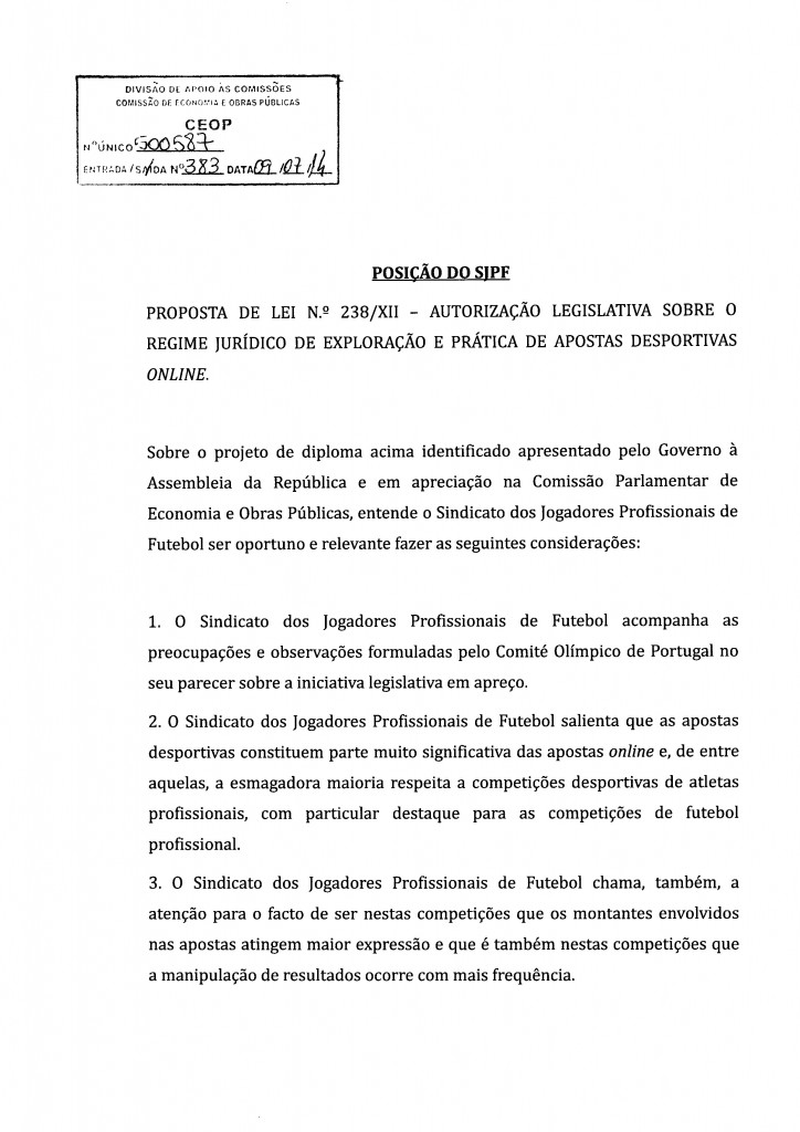 Parecer SJPF - Sindicato dos Jogadores Profissionais de Futebol