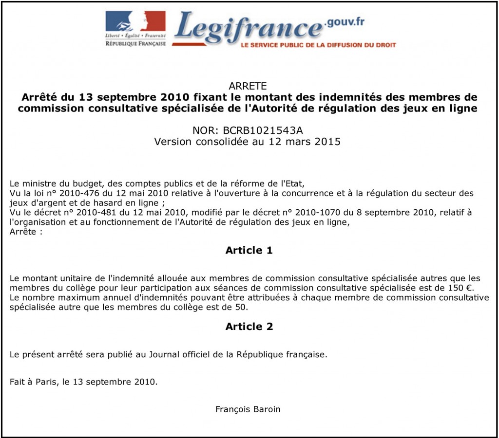 Arrêté du 13 septembre 2010.