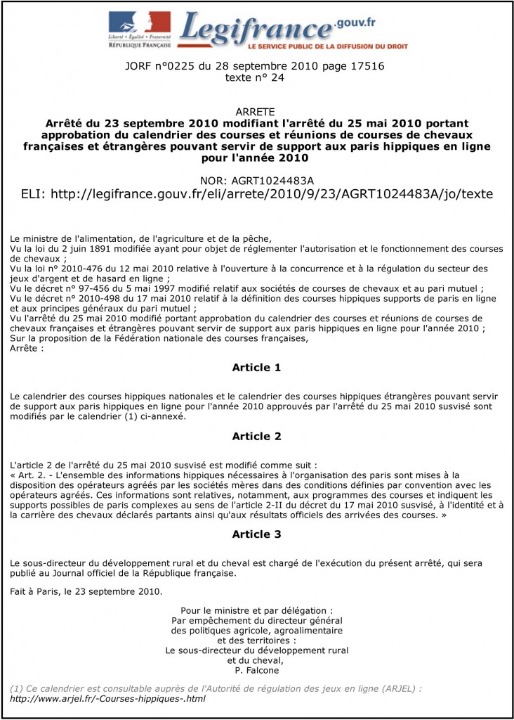 Arrêté du 23 septembre 2010
