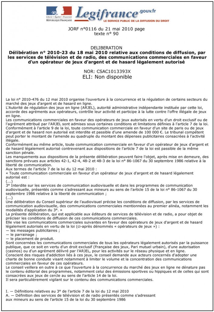 Délibération n° 2010-23 du 18 mai 2010