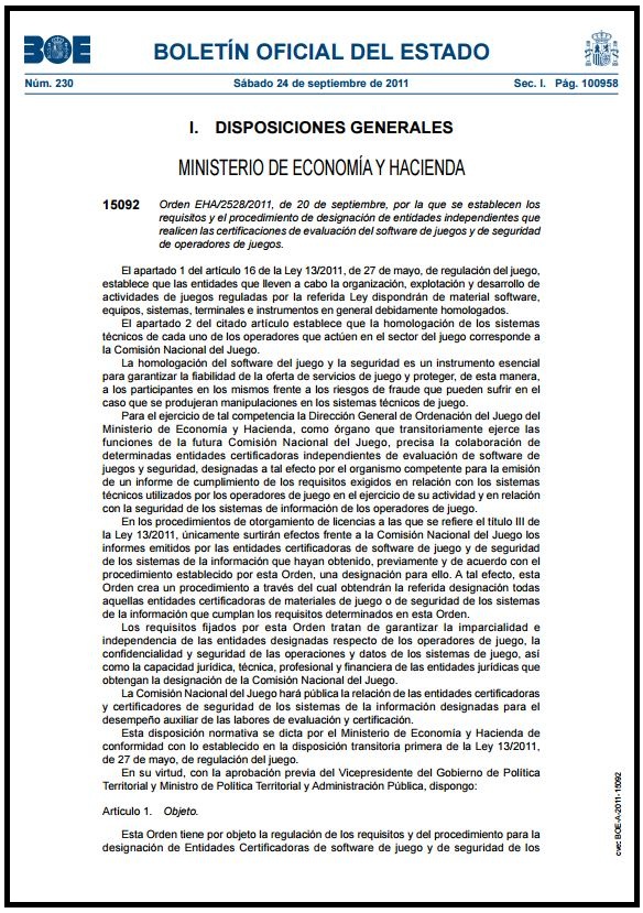 ESPANHA - Orden EHA-2528-2011, de 20 de septiembre
