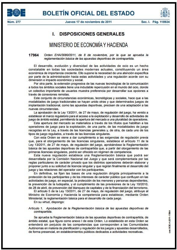 ESPANHA - Orden EHA-3080-2011, de 8 de noviembre