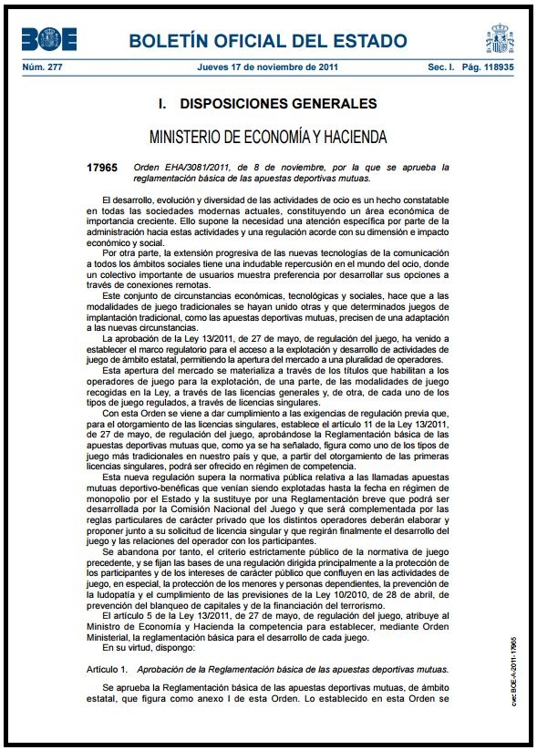 ESPANHA - Orden EHA-3081-2011, de 8 de noviembre