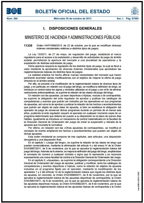 ESPANHA - Orden HAP-1998-2013, de 22 de octubre