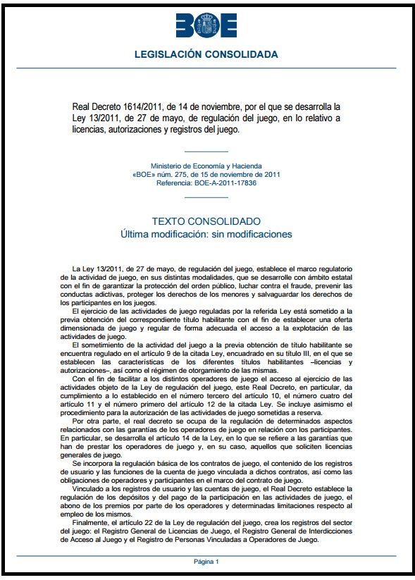 ESPANHA - Real Decreto 1614-2011, de 14 de noviembre